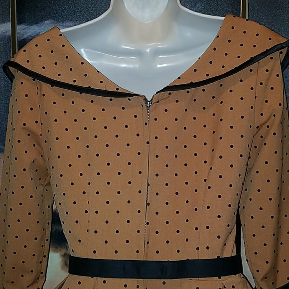Tatyana Iced Coffee 1940's Mocha Polka Dot 3/4 Sleeve Military Pinup Swing Dress - Picture 9 of 9